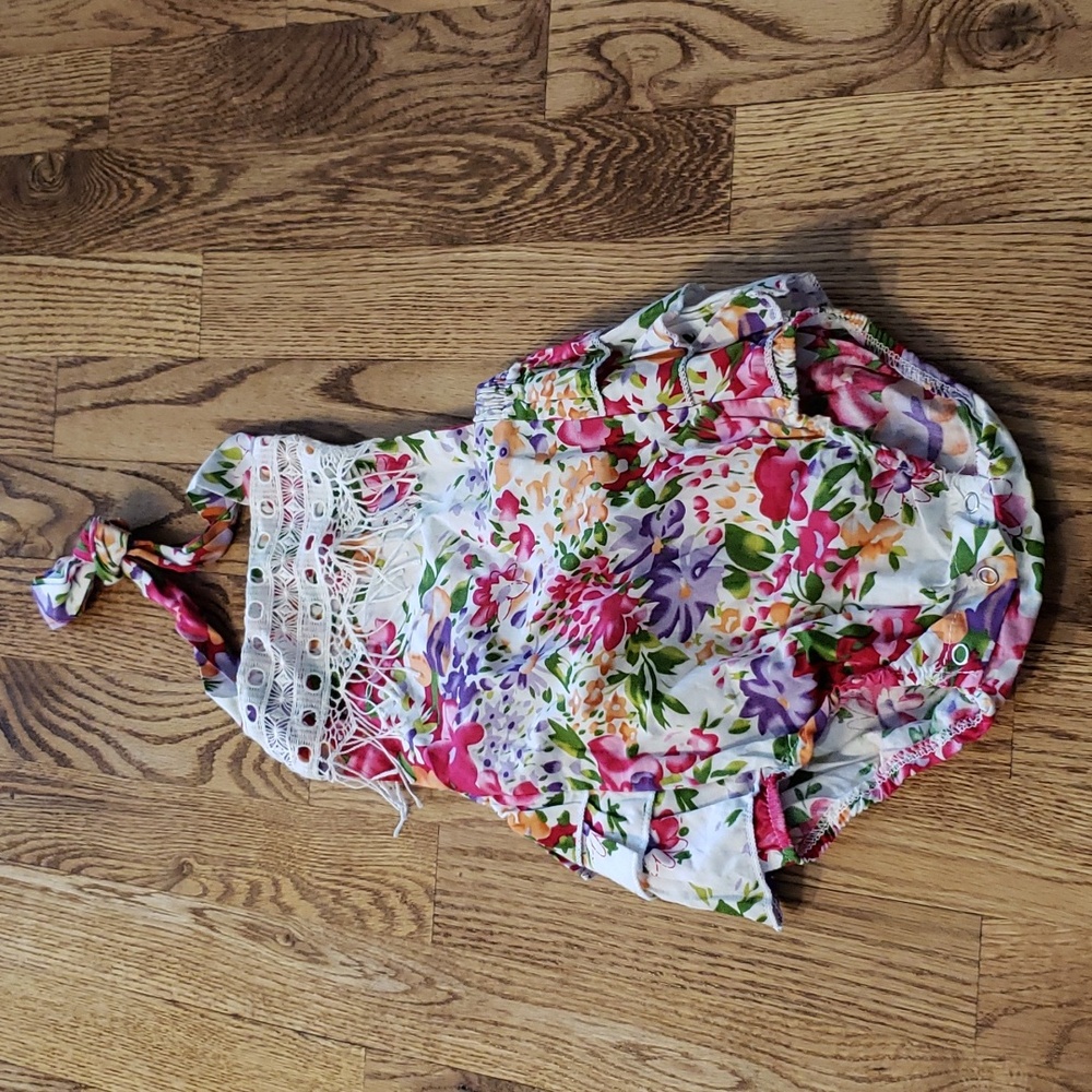 (12M) Floral Print Halter Fringe Bohemian Bodysuit One Piece Baby 100% Cotton